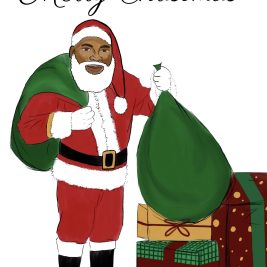 Merry Christmas Card featuring an African American Santa Claus holding gifts.