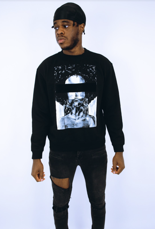 Black crew neck sweatshirt with graphic portraiture design