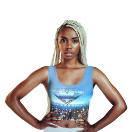 Model wearing GOG's Blue Stadium Crop Top