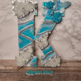 Teal, white and silver custom resin geode letter by Q Signature Gallery