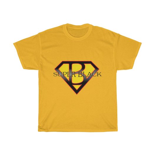 Gold t-shirt with a Superman like emblem with a B in the middle and Superblack across it.