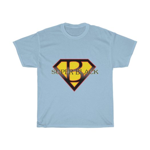 Light blue t-shirt with a Superman like emblem with a B in the middle and Superblack across it.