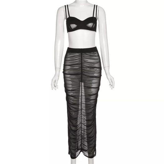 Black Two Peice Sheer Mesh Skirt For women